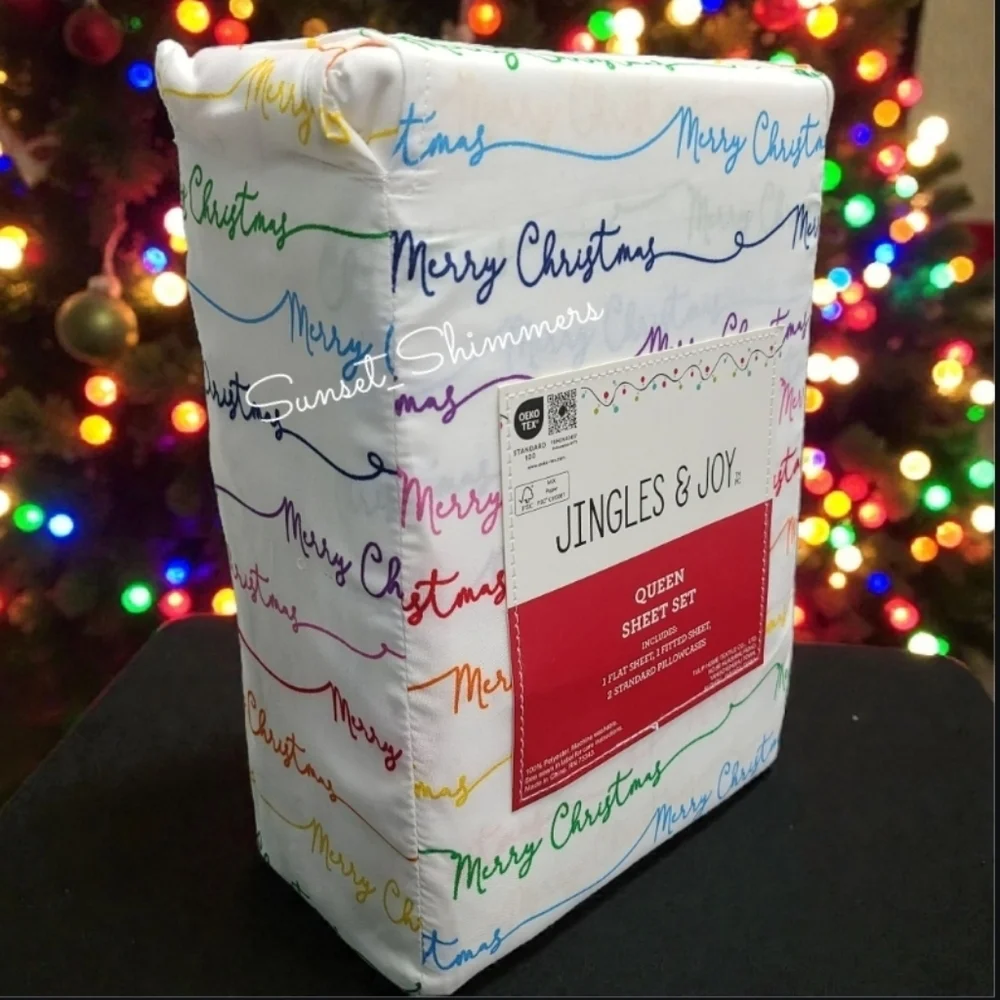 Jingles & Joy Colorful Merry Christmas QUEEN Bed Sheet Set Decor NEW